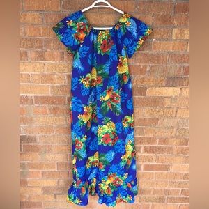 Hawaiian Maxi Dress Muumuu Blue Tropical Floral Made In Hawaii Size 14 Vintage